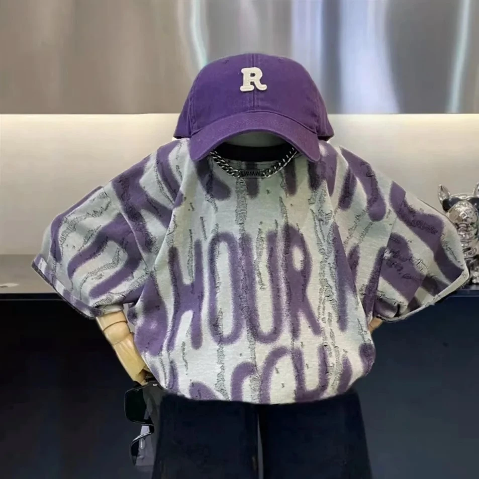 儿童纯棉打底衫夏季2025新款男童女童扎染满印T恤短袖洋气潮