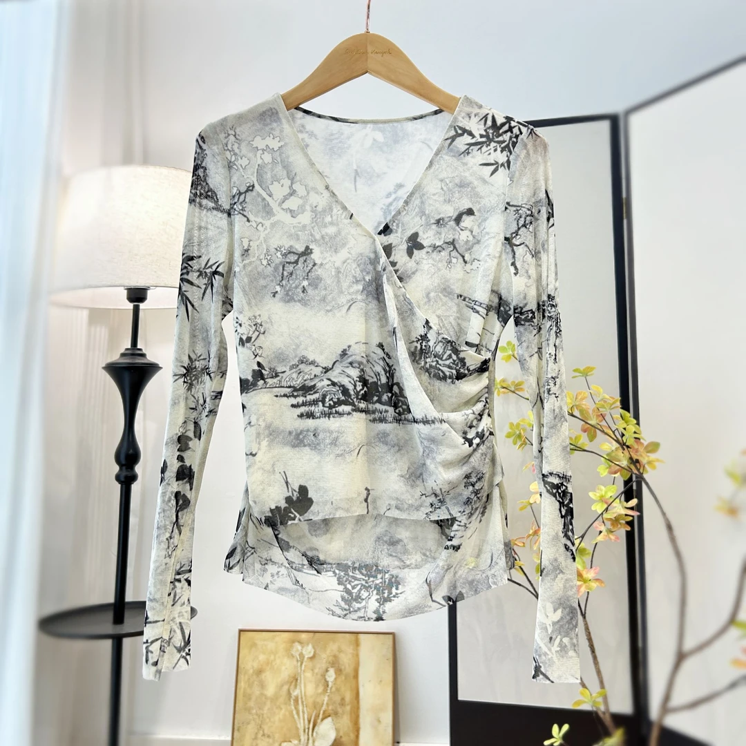 【萨拉迪恩】修身时尚百搭弹力网面百搭时尚内搭上衣女长袖打底女士