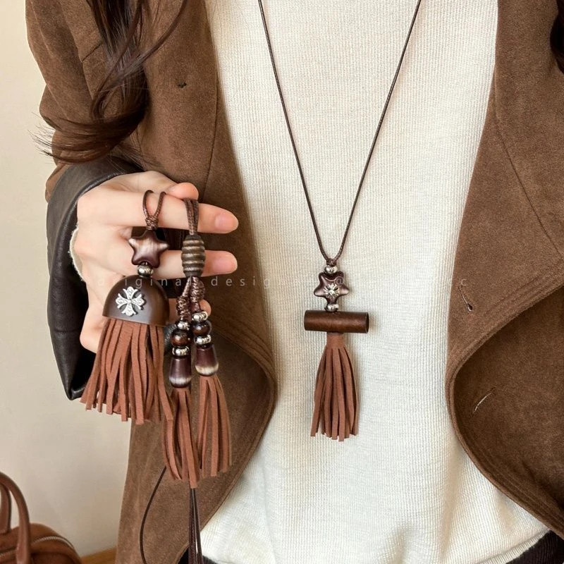 合金木质项链 复古咖色五角星流苏吊坠项链秋冬设计感毛衣链C178