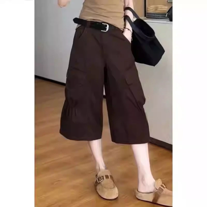 美式工装七分牛仔裤女大码夏薄款高腰宽松显瘦捏褶口袋休闲阔腿裤