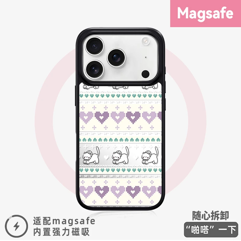 爱心小猫适用苹果17ProMax手机壳镜面华为Mate70全包小米荣耀300