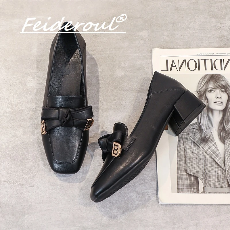 Feideroul小皮鞋女高跟2025英伦风黑色软底工作新款舒适乐福鞋