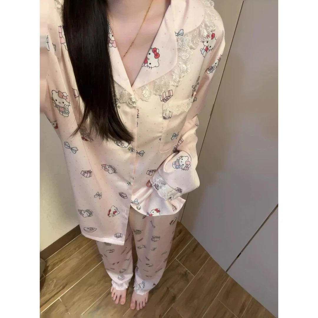 【Kitty印花】ins网红甜美少女卡通冰丝睡衣女春秋季大码家居服套装