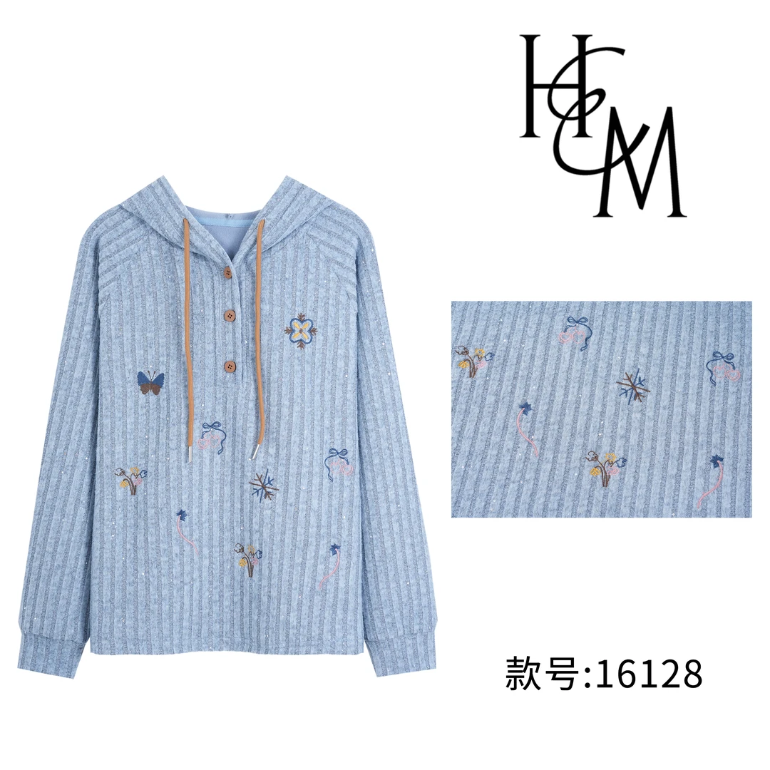时尚设计款韩系秋冬刺绣百搭连帽卫衣【16128】
