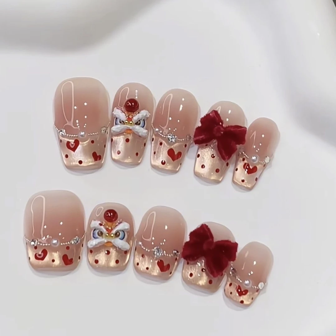 春节 纯手工穿戴甲 醒狮喜气蝴蝶结美甲 可拆卸