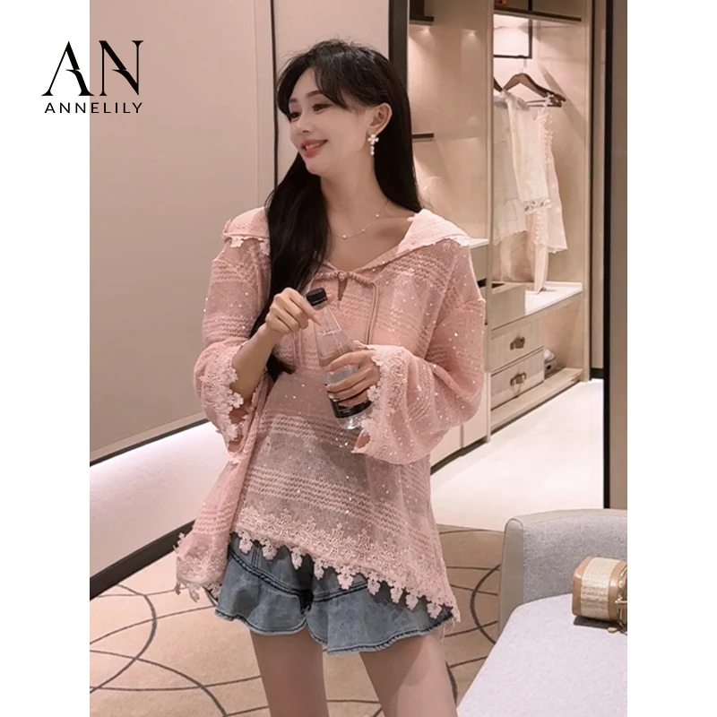 ANNELILY【樱露】新款上新温柔精致粉色百搭重工国风小众衬衫女生