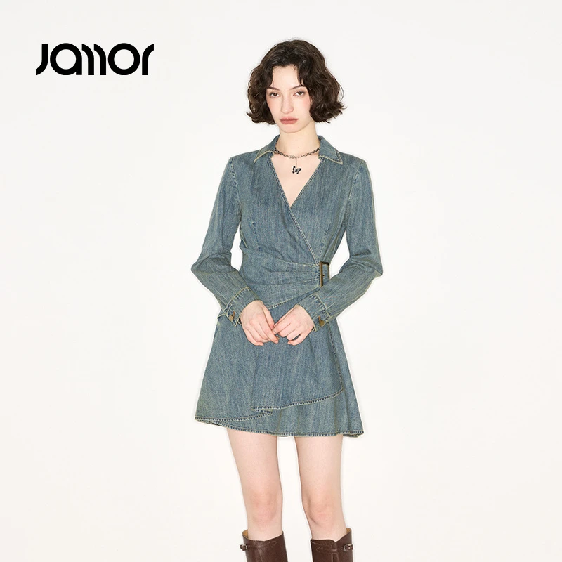 Jamor加墨时尚牛仔长袖连衣裙辣妹裙子2025秋新款DJL579040