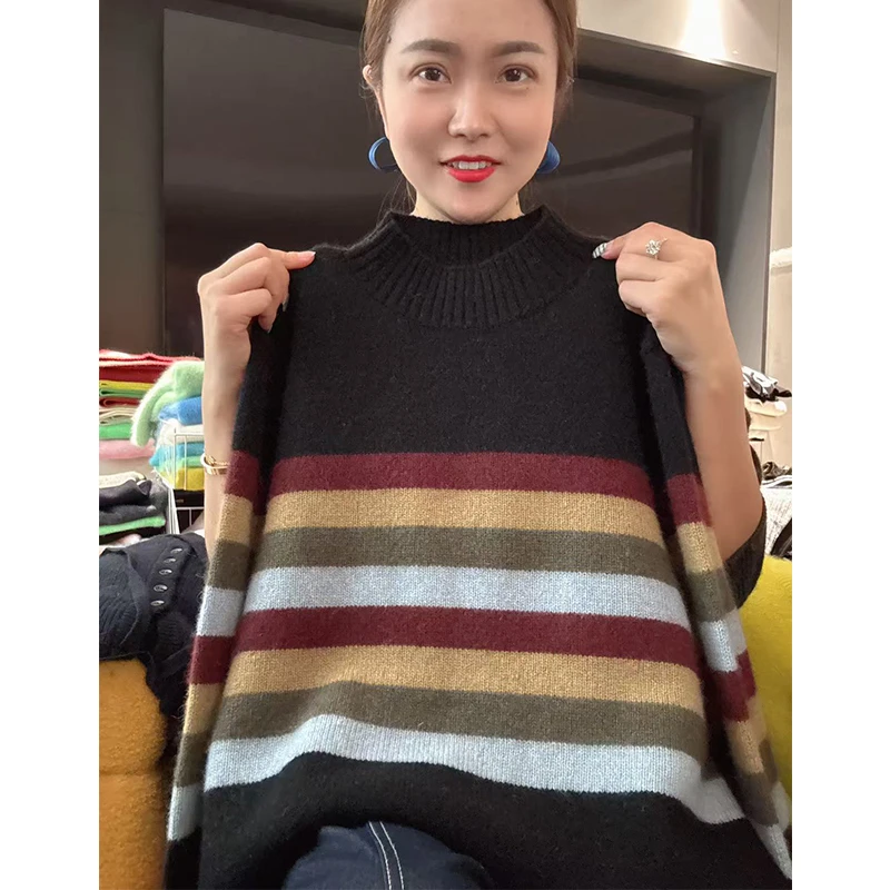 中间彩条」中性风~秋冬新款慵懒风圆领条纹针织宽松软糯毛衣-5562