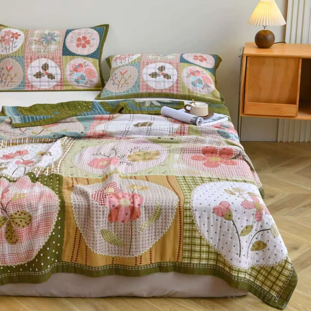 【贴布花卉】全棉4层水洗棉纱布毯可机洗四季床盖