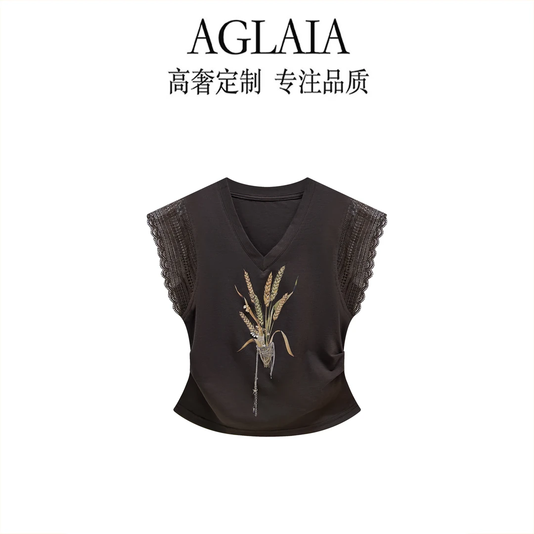 AGLAIA~2026夏季新款飞袖拼接V领上衣女麦穗刺绣收腰显瘦T恤6968