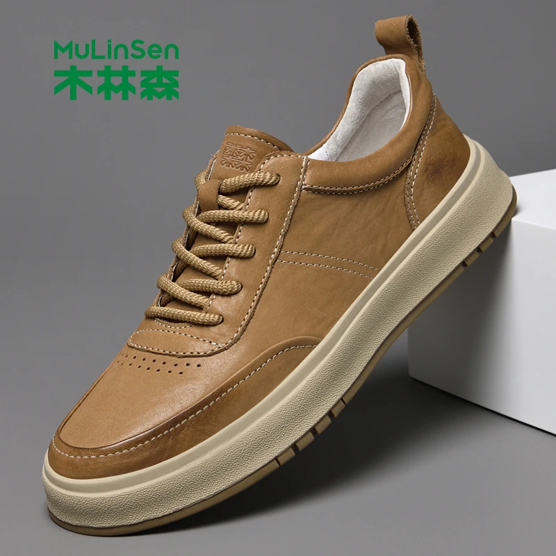 木林森真皮休闲鞋男款2025新款男士头层牛皮软底软面透气皮鞋板鞋