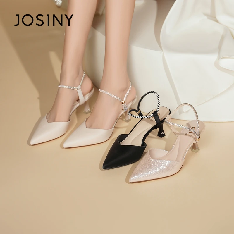 卓诗尼细高跟鞋女2025夏季新款绝美尖头一字扣水钻包头凉鞋配裙子