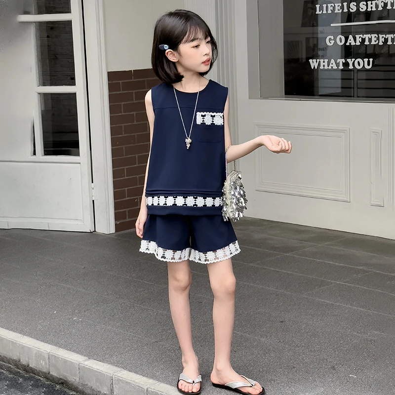 2025新款女童夏季短裤套装韩系时尚女孩洋气无袖花边度假风两件套