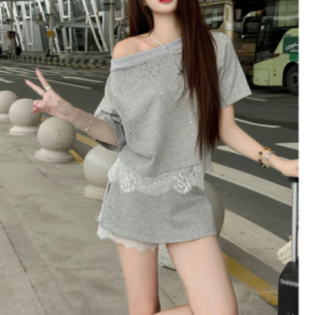 两面穿原创新款显瘦蕾丝拼接短袖高级感两件套