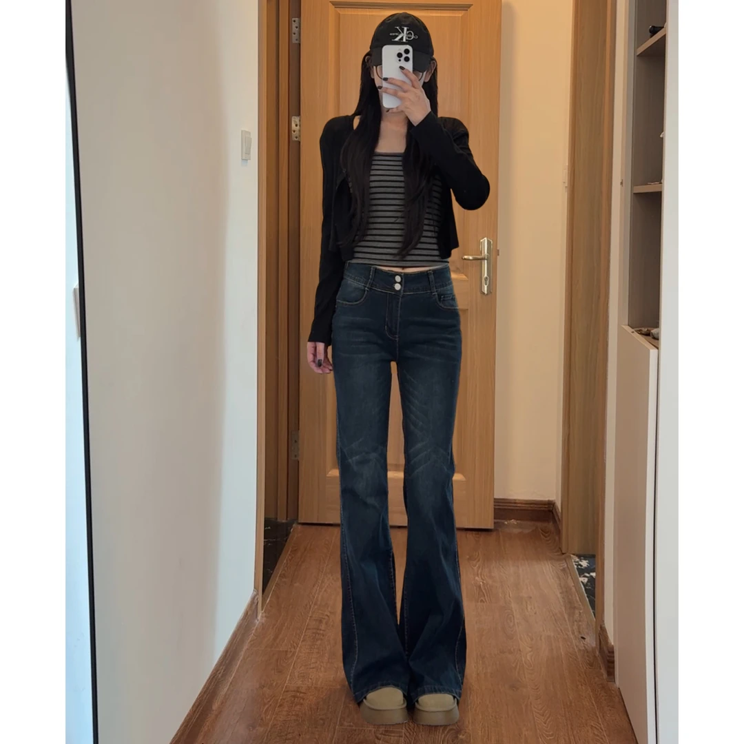 美式复古深蓝色微喇牛仔裤女秋新款辣妹弹力修身显瘦不贴腿喇叭裤