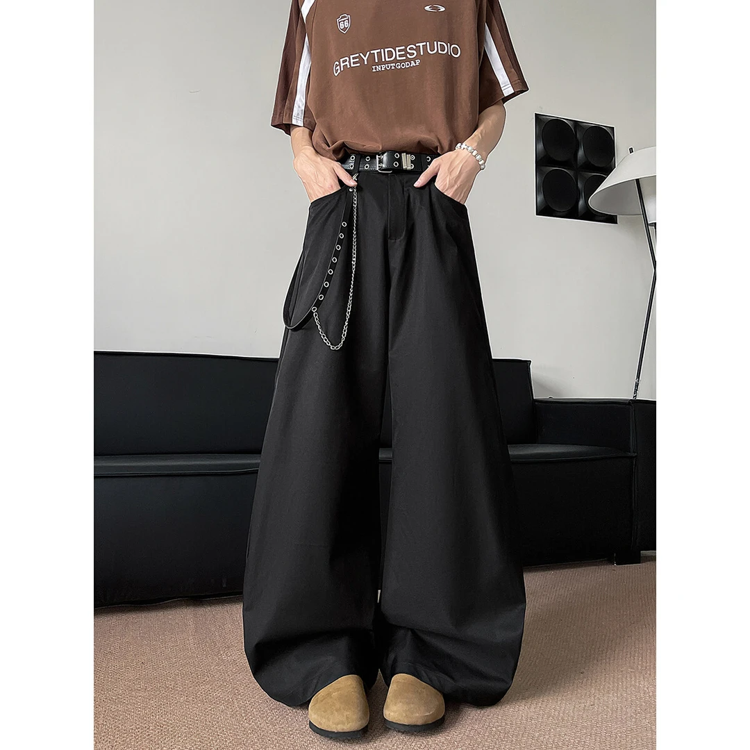 简约黑色休闲裤子男春秋宽松cleanfit设计感工装裤美式阔腿弯刀裤