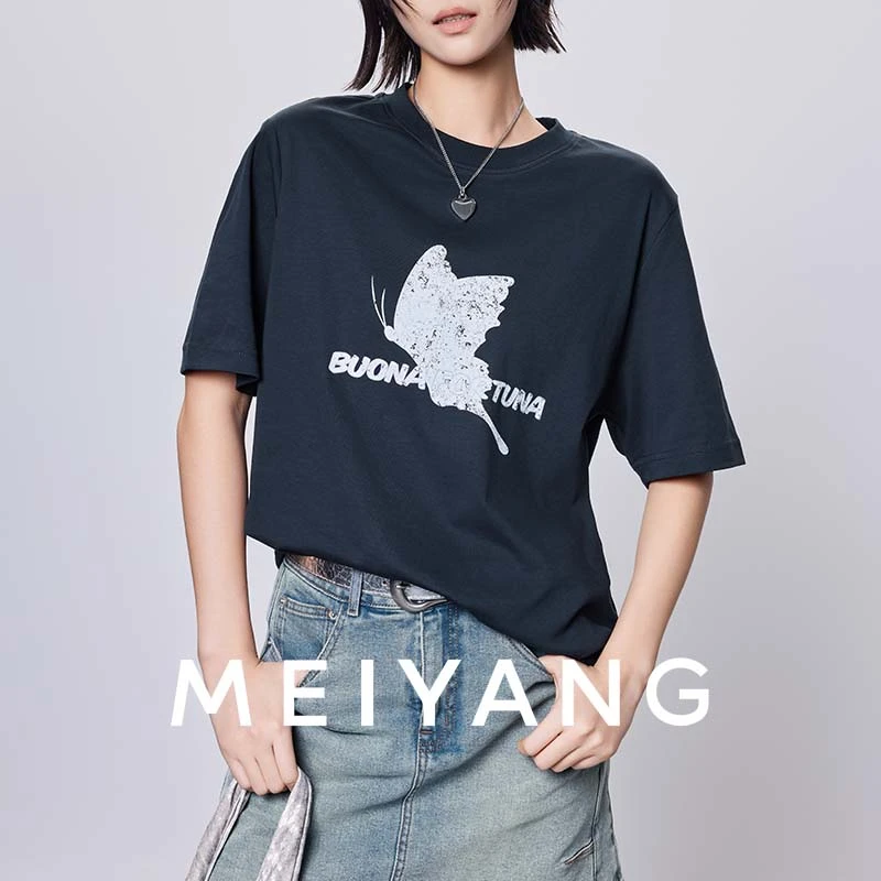 美洋MEIYANG 蝴蝶T恤 【商场同款】做旧印花字母圆领短袖上衣运动