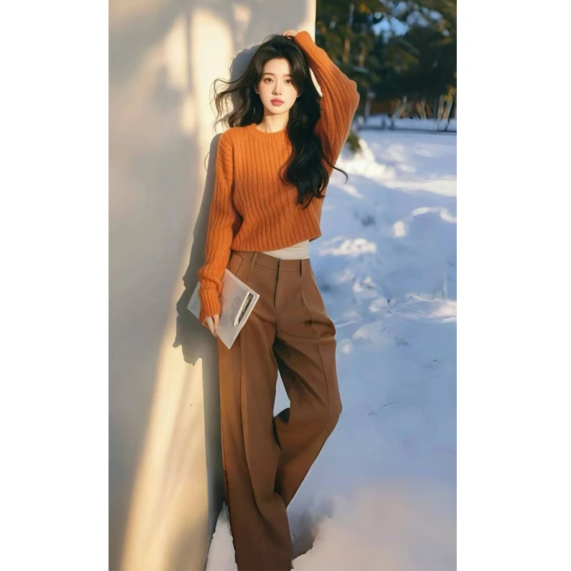 韩系独特漂亮橘色毛衣女2024冬季新款简约百搭气质上衣裤子套装