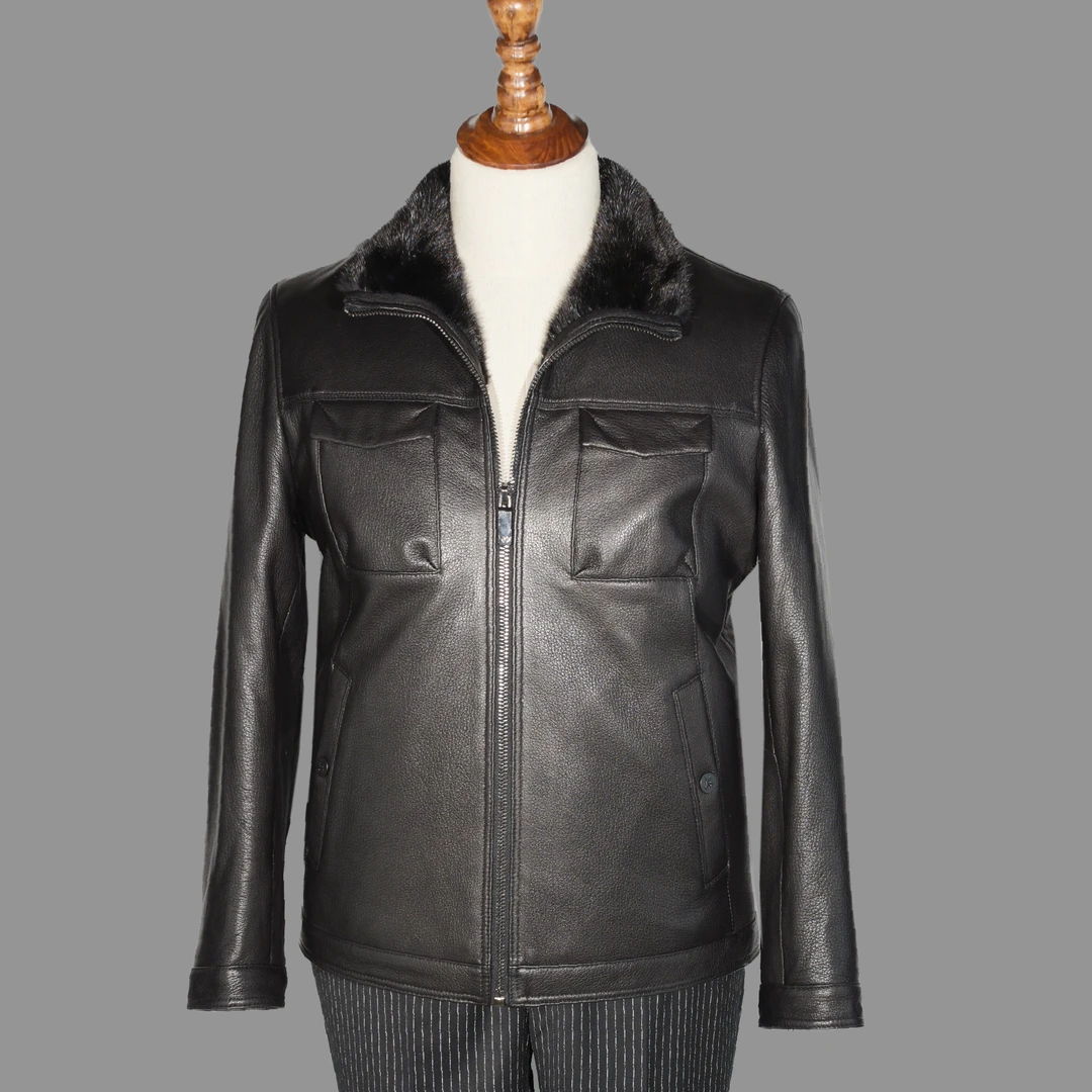 真皮皮衣男中长款翻领山羊鹿皮纹真皮海宁皮草男皮衣（6902水貂胆）