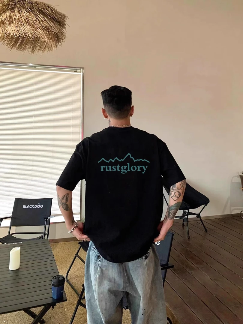 特大码300斤美式潮牌cleanfit简单线条印花t恤男夏季纯棉宽松短袖