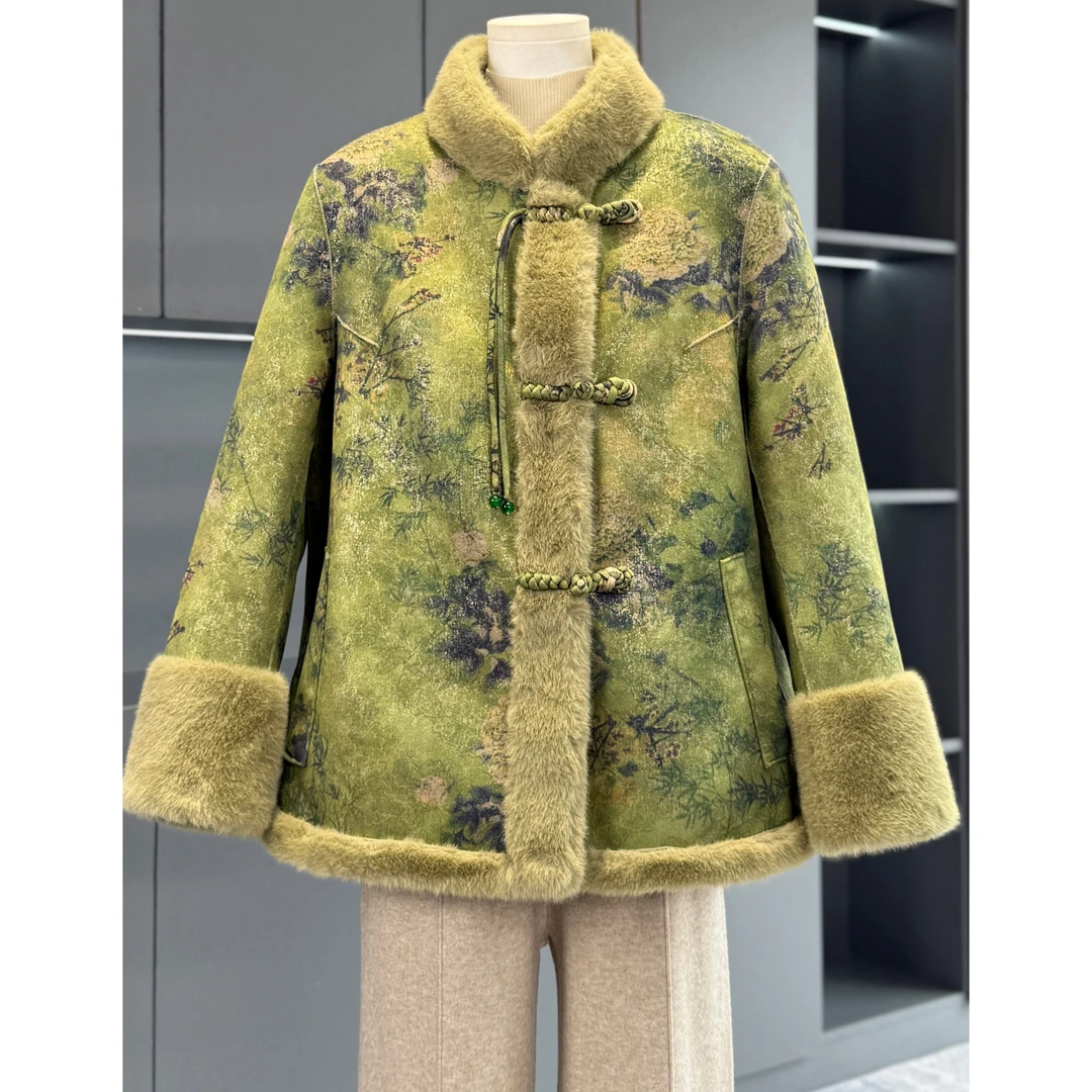 新中式妈妈秋冬装皮毛一体水貂绒外套中老年女仿皮草大衣加厚保暖