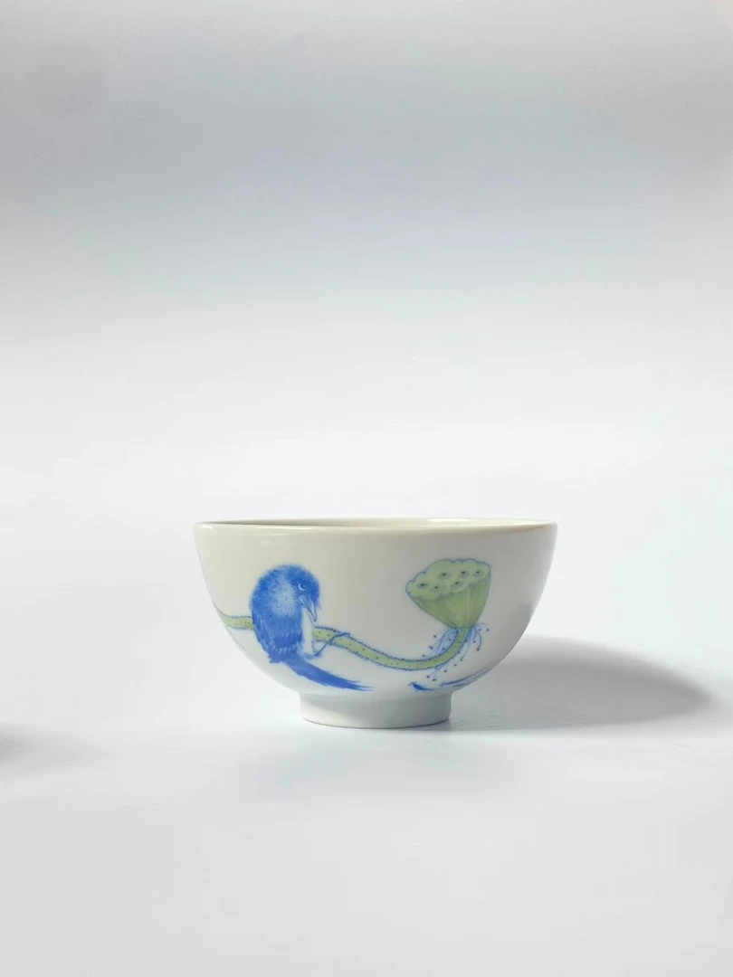 【齊致堂】青花花鸟莲蓬鸡心杯景德镇手工手绘单杯品茗杯