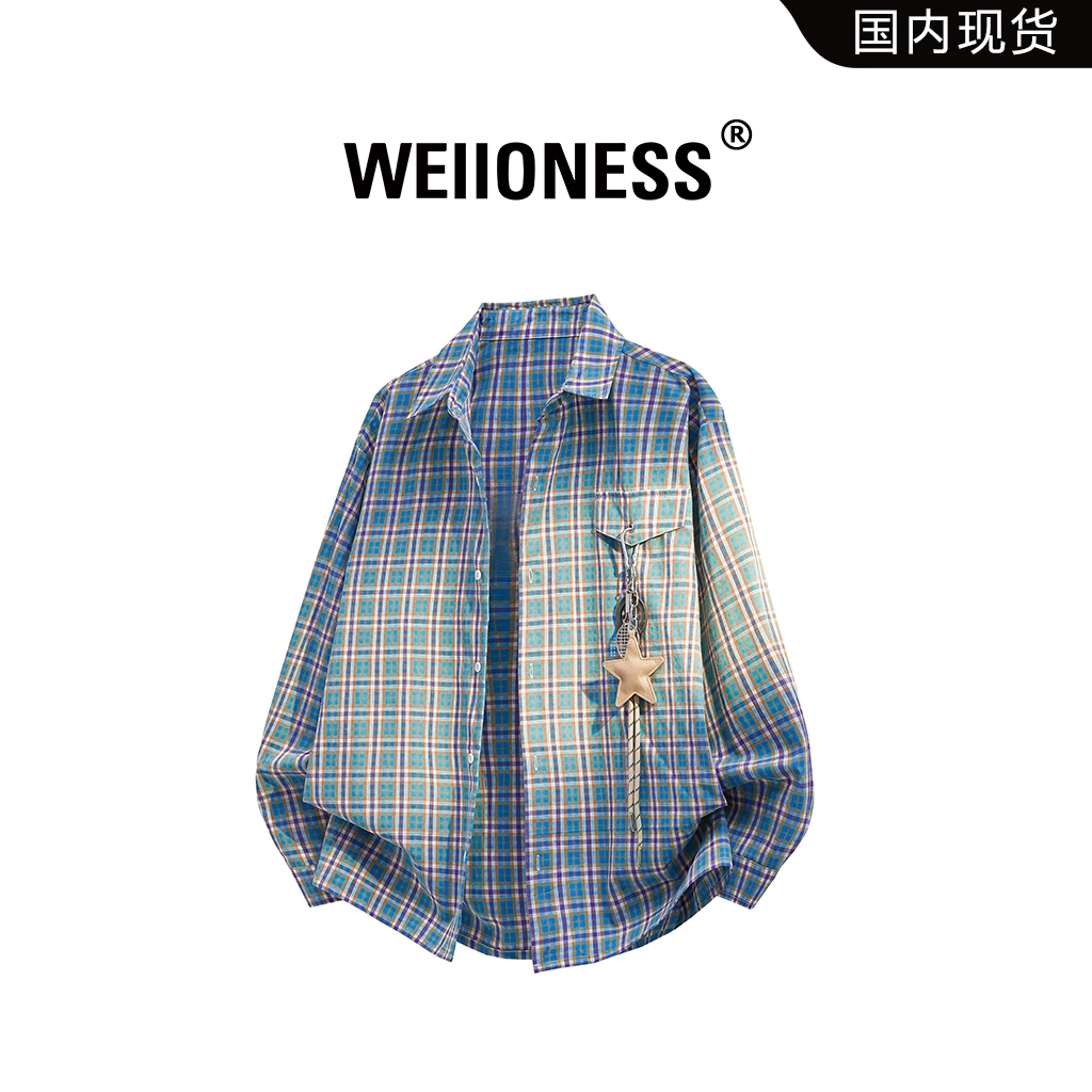 WEIIONESS复古格纹衬衫男士春秋季小众设计感韩系高级感翻领外套
