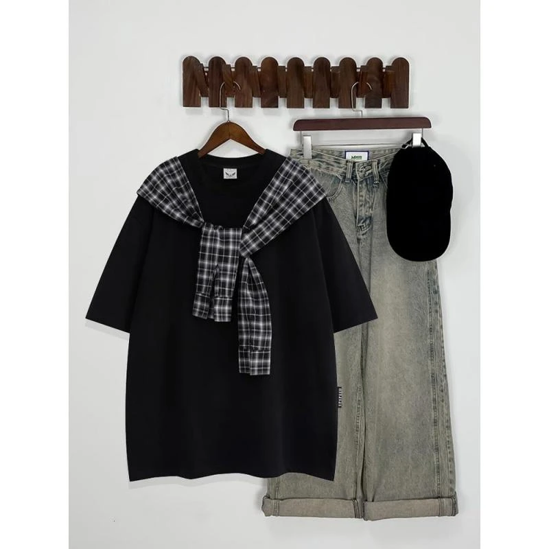 300斤大码设计感美式学院风半袖t恤男装夏季假两件披肩半袖上衣潮