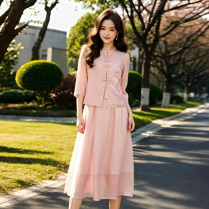 奢姿大码女装2025夏季时尚立领长袖套装胖妹妹气质盘扣两件套装