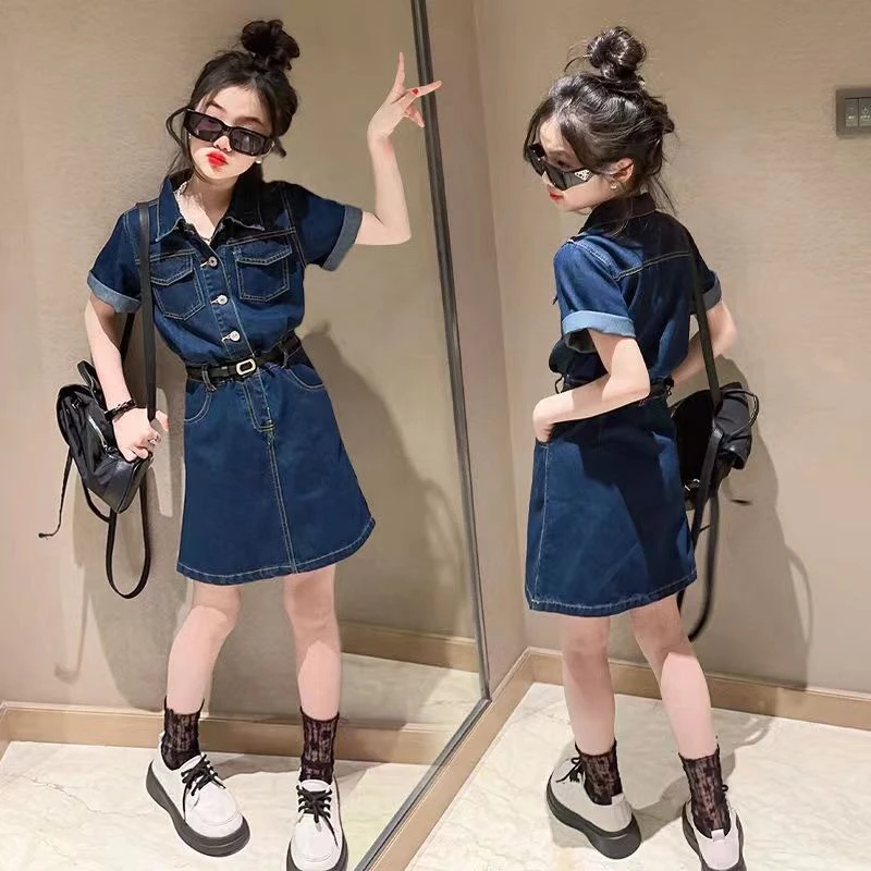 女童连衣裙2025夏季新款中大童韩版洋气时尚短袖纯色牛仔连衣裙潮