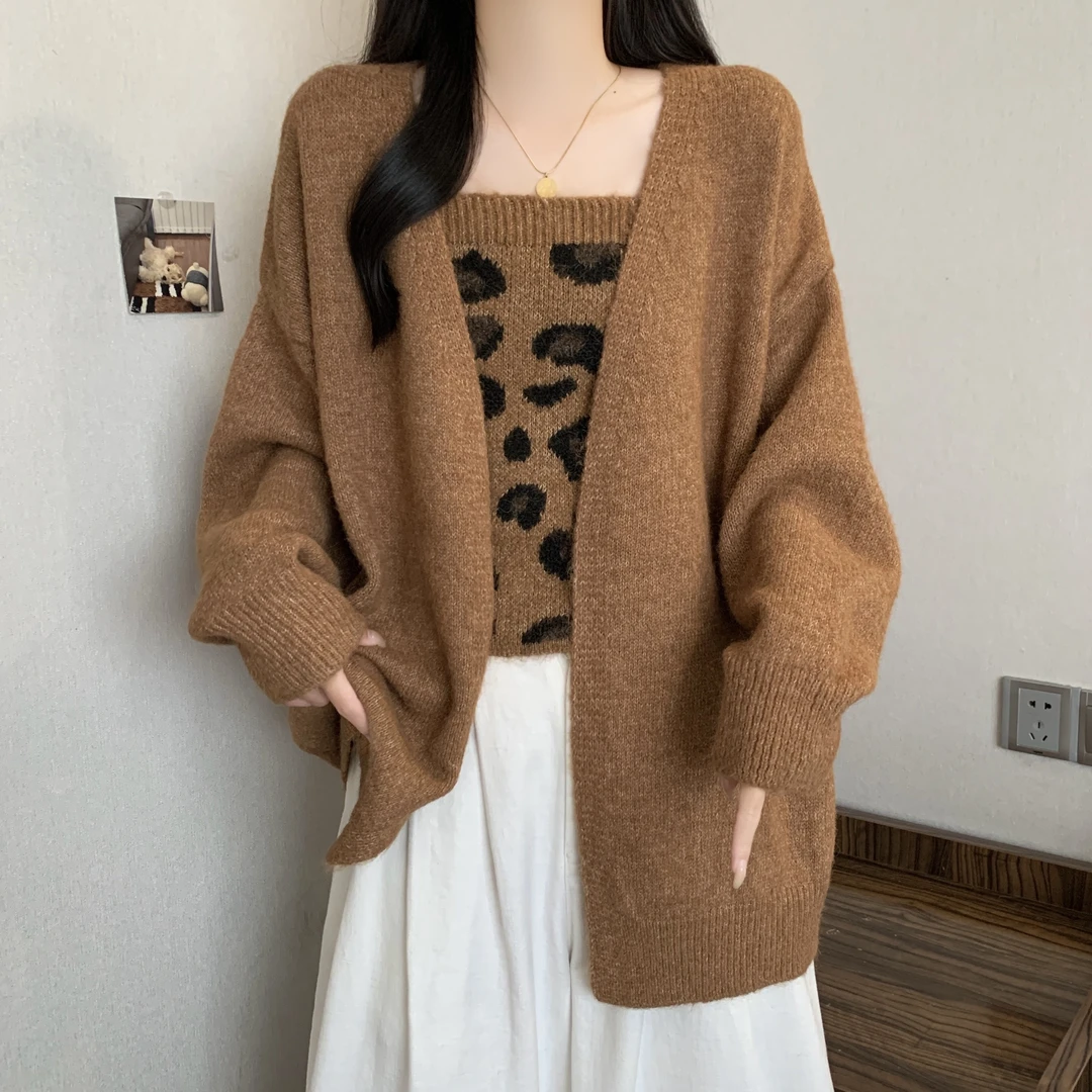 大码女装胖mm慵懒风韩系针织毛衣外套+豹纹吊带背心两件套上衣女