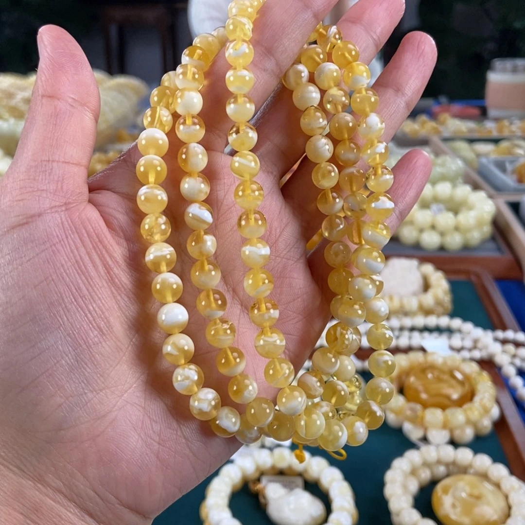 琥珀未镶嵌珠宝奇石7+金瓷白108圆珠29.86
