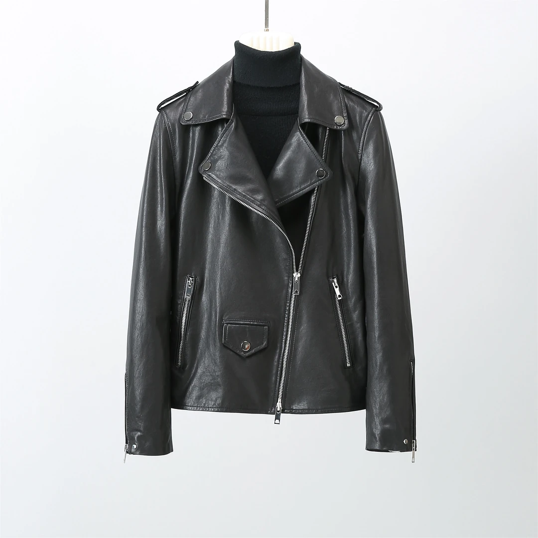 新款机车服百搭美式短款全植鞣绵羊皮修身真皮皮衣外套66085