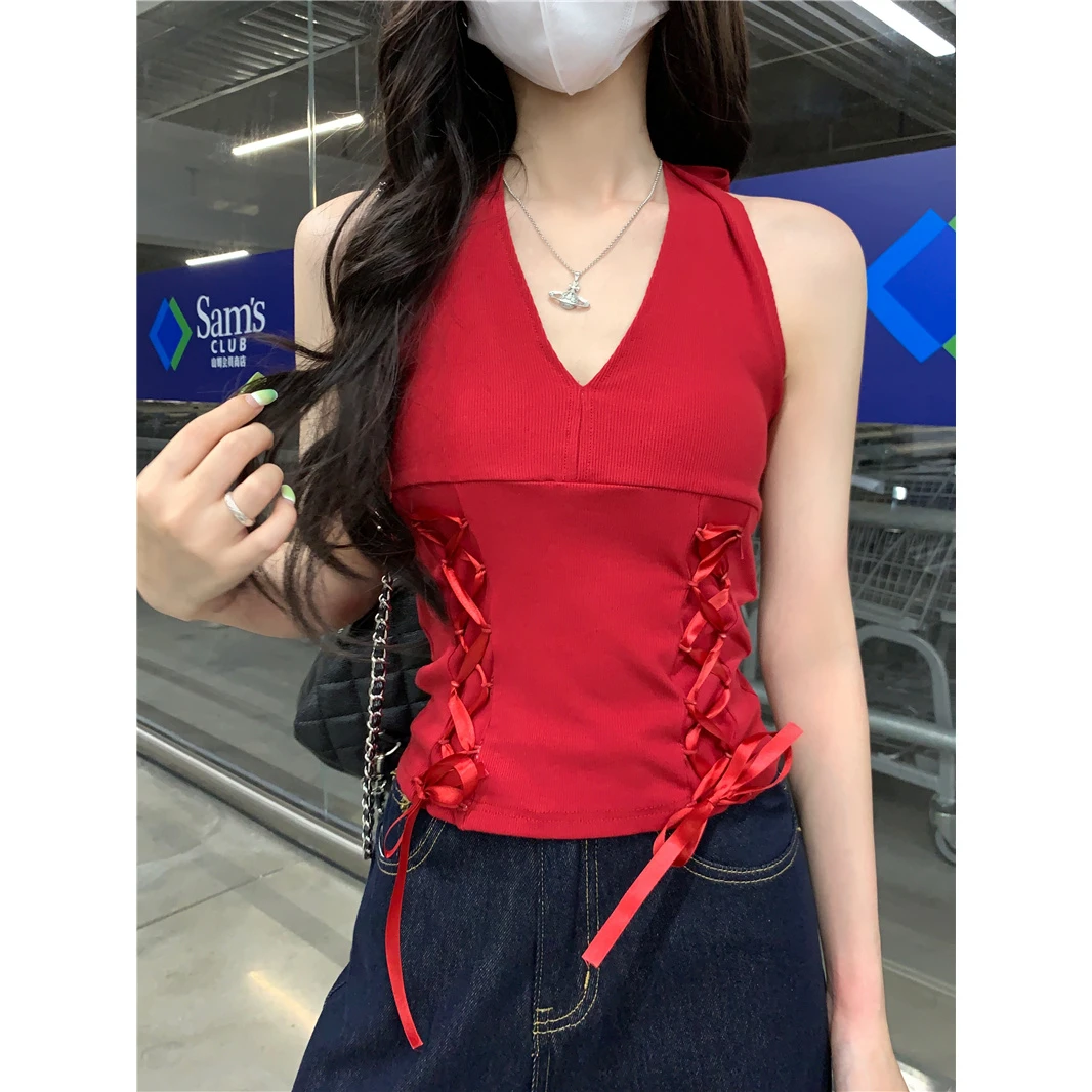 纯欲背心性感辣妹绑带V领挂脖吊带通勤显瘦短款夏季紧身复古小众