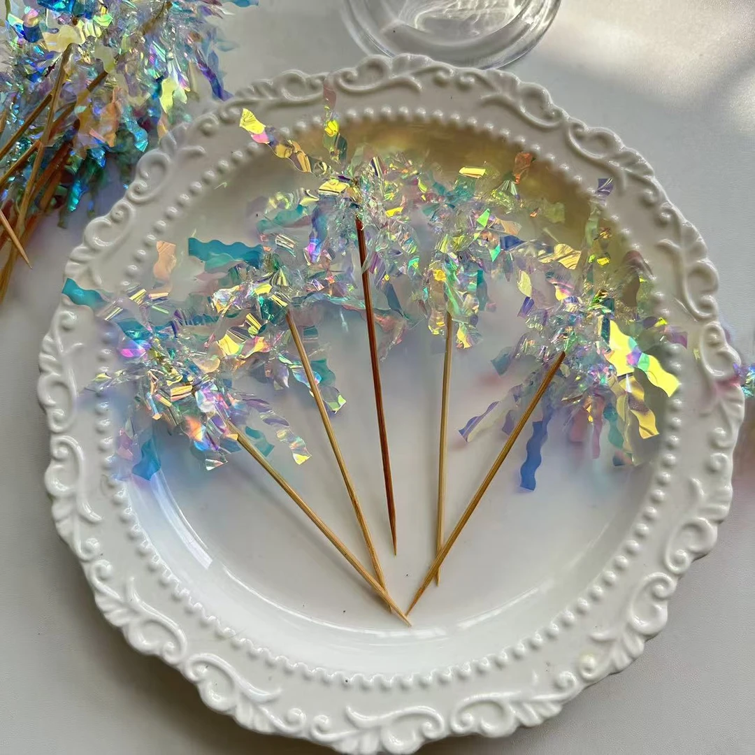 炫彩雨丝生日蛋糕插件派对装饰流苏礼花竹签闪闪蛋糕装饰