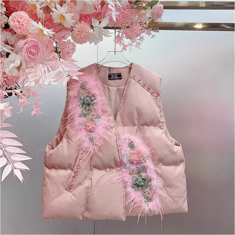 HH6552欧美设计师2024冬季新款重工钉钻立体花拼棉服马夹外套