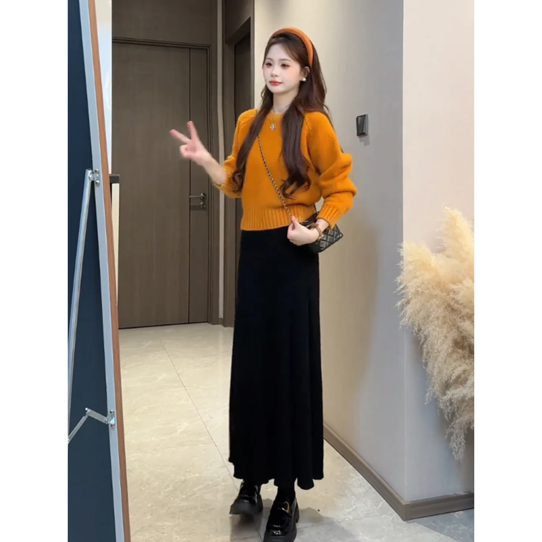 超显白落日橘色圆领套头毛衣女秋冬韩系小个子短款针织打底衫加厚
