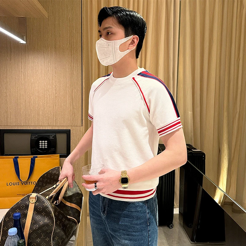 施摩瓦戈夏季百搭时尚上衣短袖t恤男休闲个性拼色衣服针织短袖男