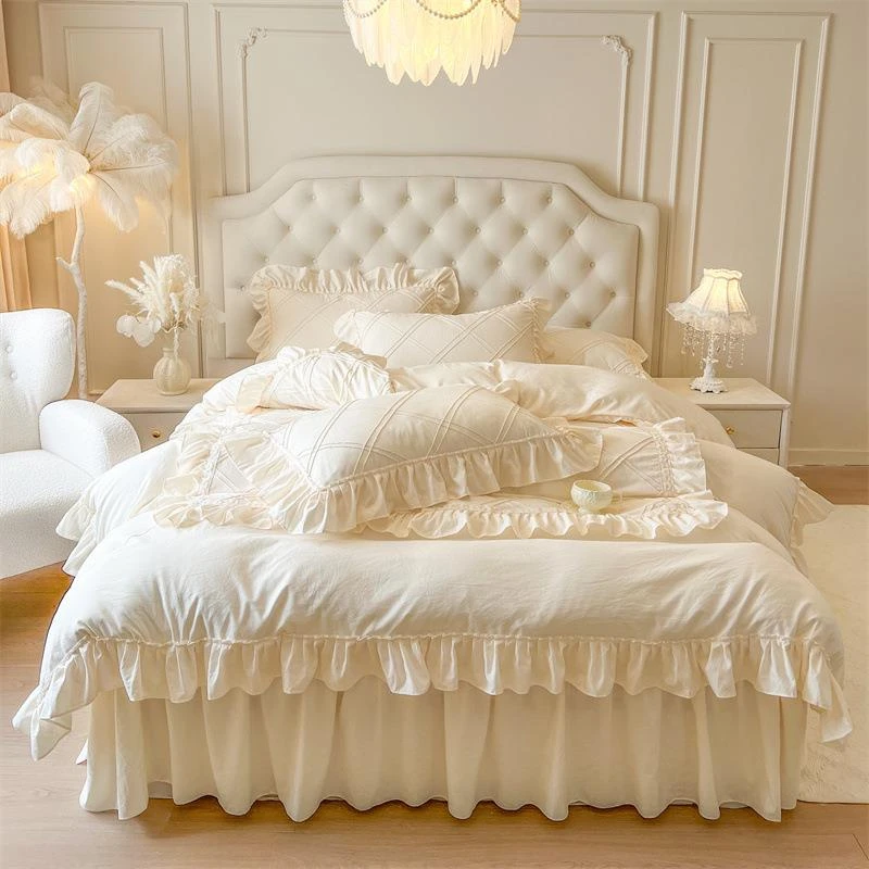 水星高端家纺法式轻奢奶油风水洗棉床上四件套荷叶边被套少女心床