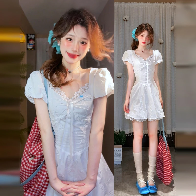 2025新款夏日绝美法式白色连衣裙子女小个子独特漂亮掐腰公主短裙