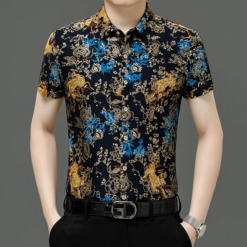 【冰丝】男士夏季薄款短袖烫金碎花衬衫中年男士宽松商务休闲衬衣