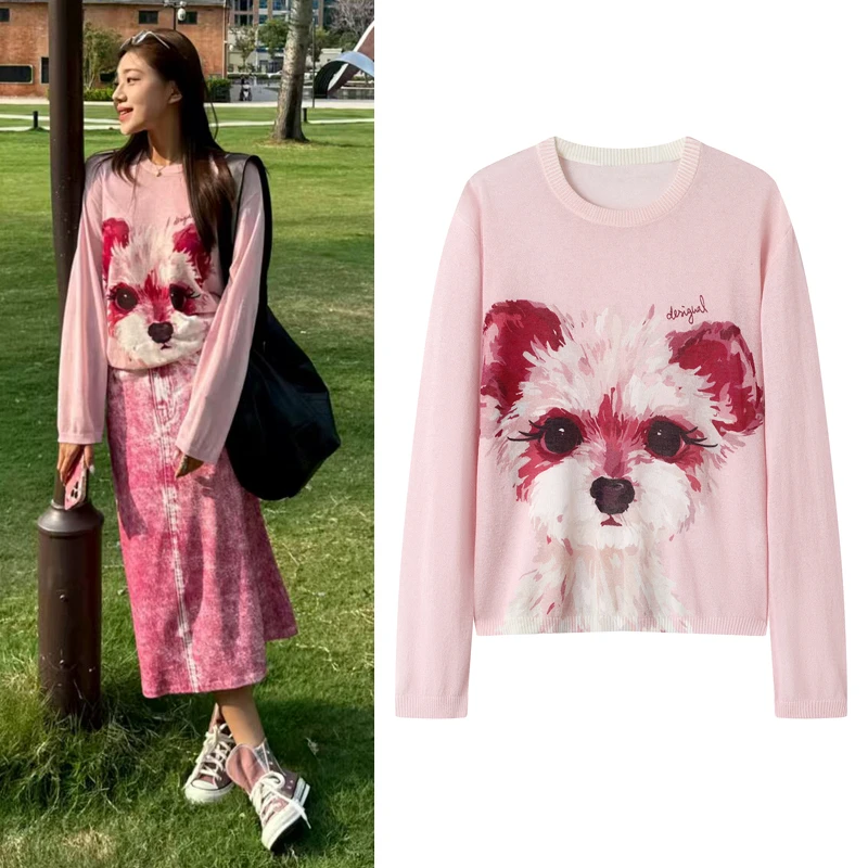 卡通小狗印花圆领长袖轻薄针织衫T恤上衣女秋季新品甜酷风2538