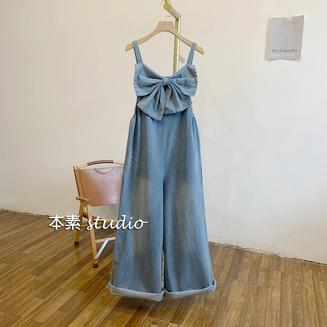 美少女C3241蝴蝶结可调节牛仔背带裤