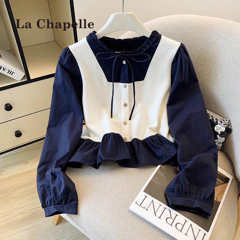 拉夏贝尔高级感假两件长袖衬衫女2025早秋新款设计感小众宽松上衣