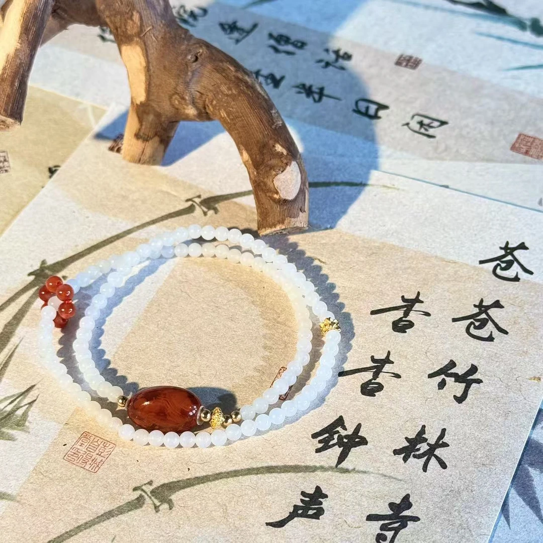 【景润】3mm+白玉小米珠火焰纹随型南红单珠双圈设计手链多样性发一