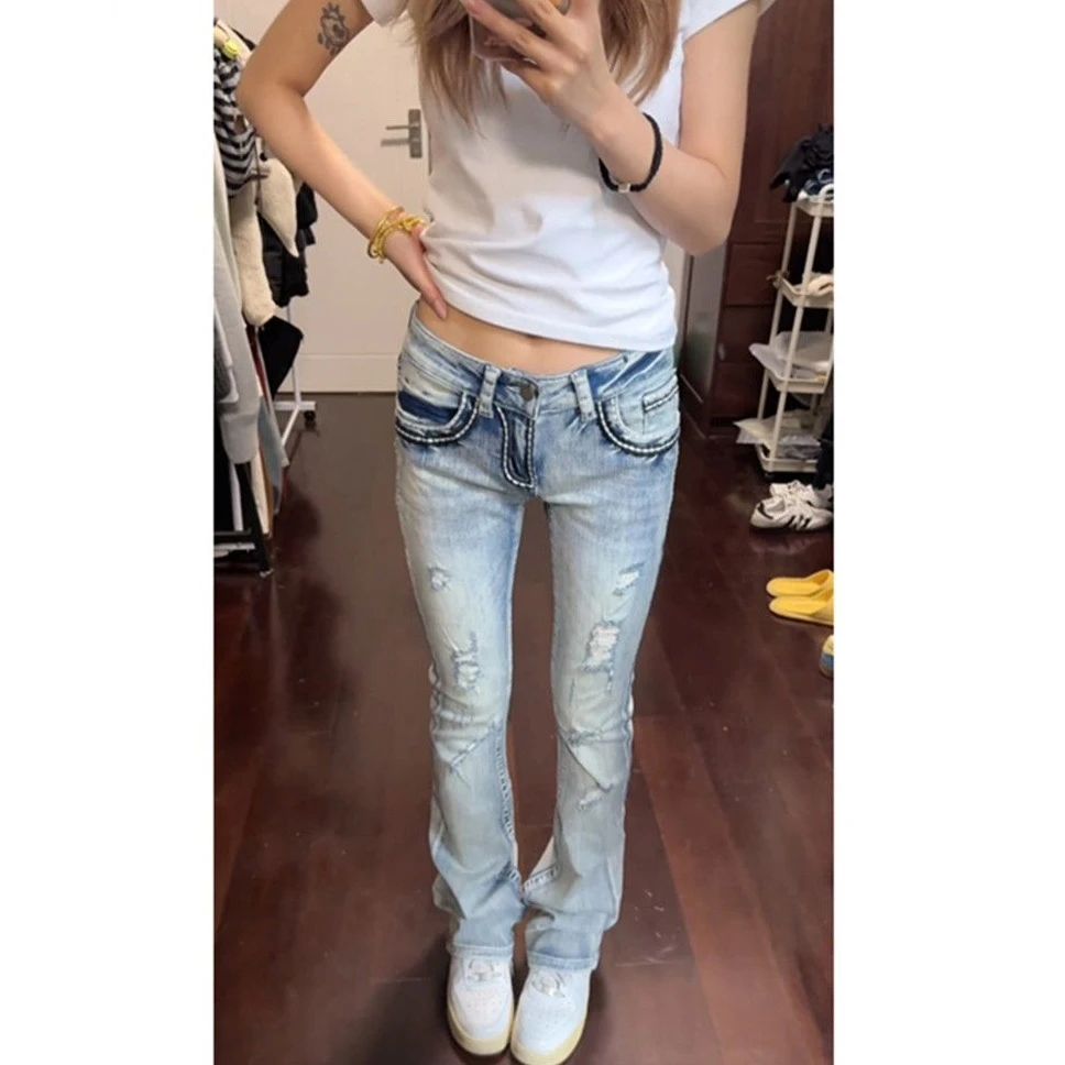 高个子加长美式复古浅蓝色低腰微喇破洞牛仔裤女夏季设计感拖地裤