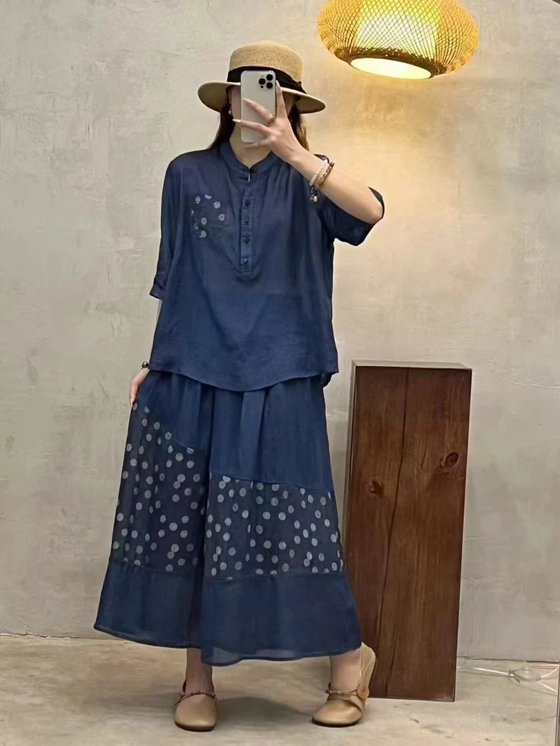 国风时尚提花简约风蓝色绣花时尚套装宽松套装休闲