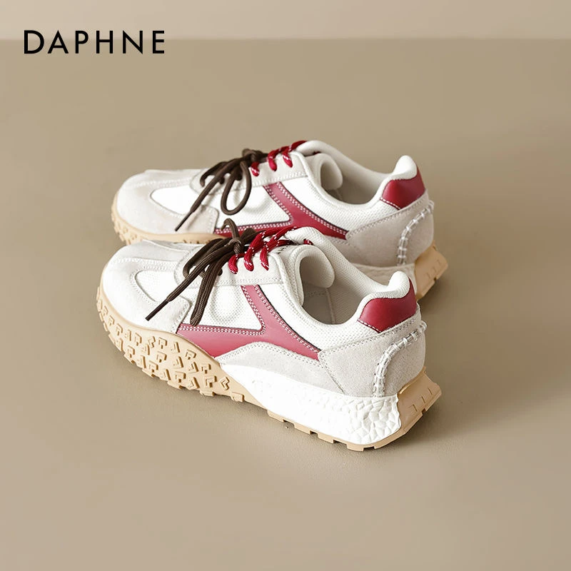 达芙妮红色德训鞋女2025新款春季休闲复古阿甘女鞋厚底增高运动鞋