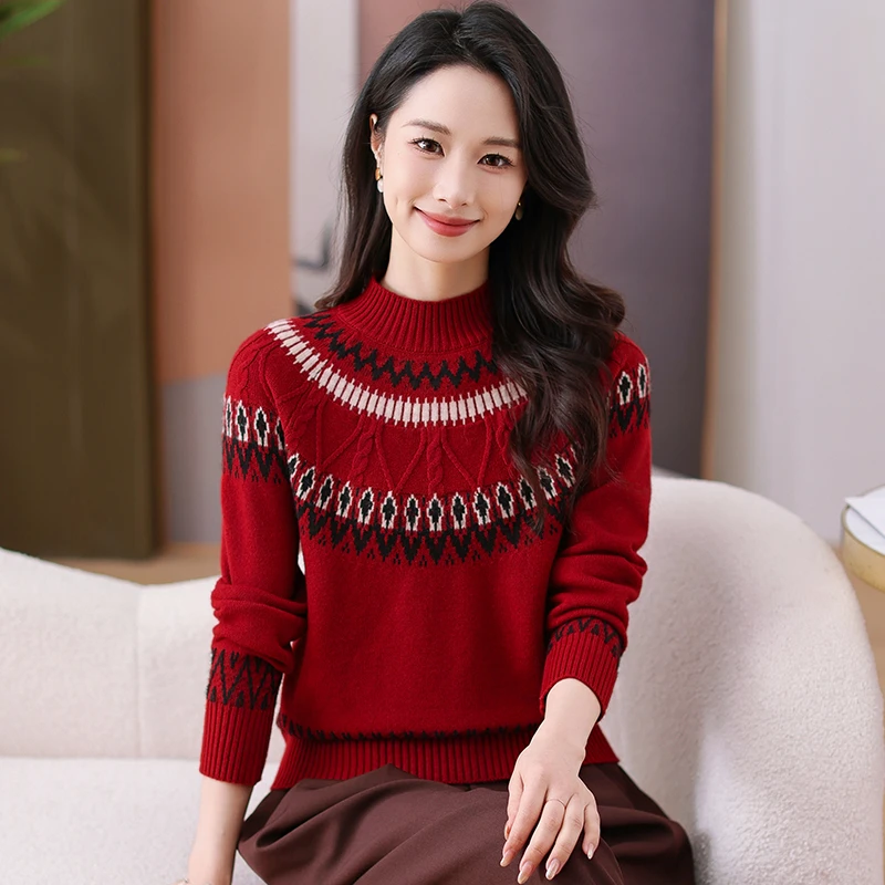 提花加厚针织女士半高领复古插件打底衫秋冬显宽松上档次红色小衫