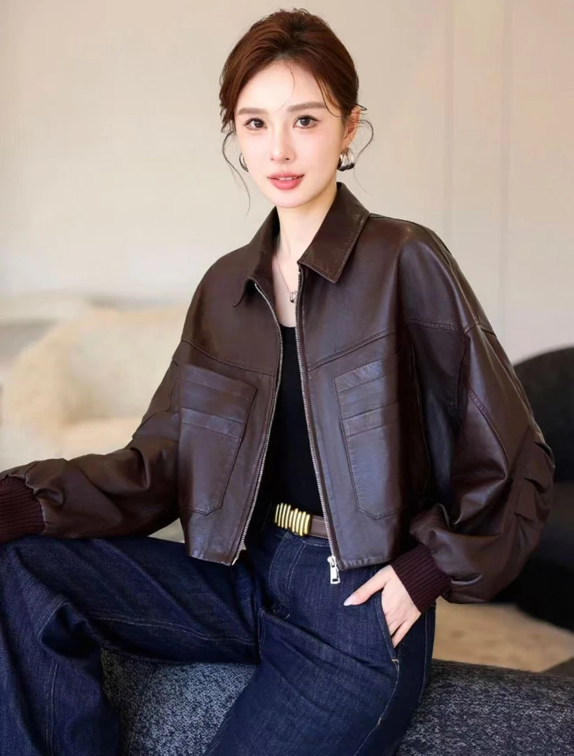 宽松型秋季修身休闲一字领百搭新款短款秋冬皮衣宽松翻领上衣